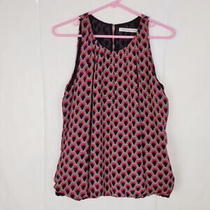 Trina Turk 100% silk blue geometric print elastic bubble hem blouse office retro